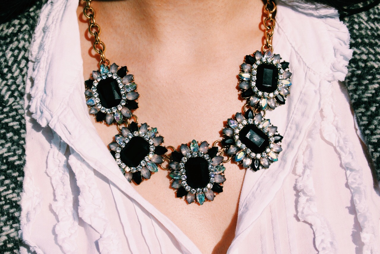 This Capsule by Cara statement necklace from Target is the perfect way to glam up a classic or neutral look with its black and iridescent stones.