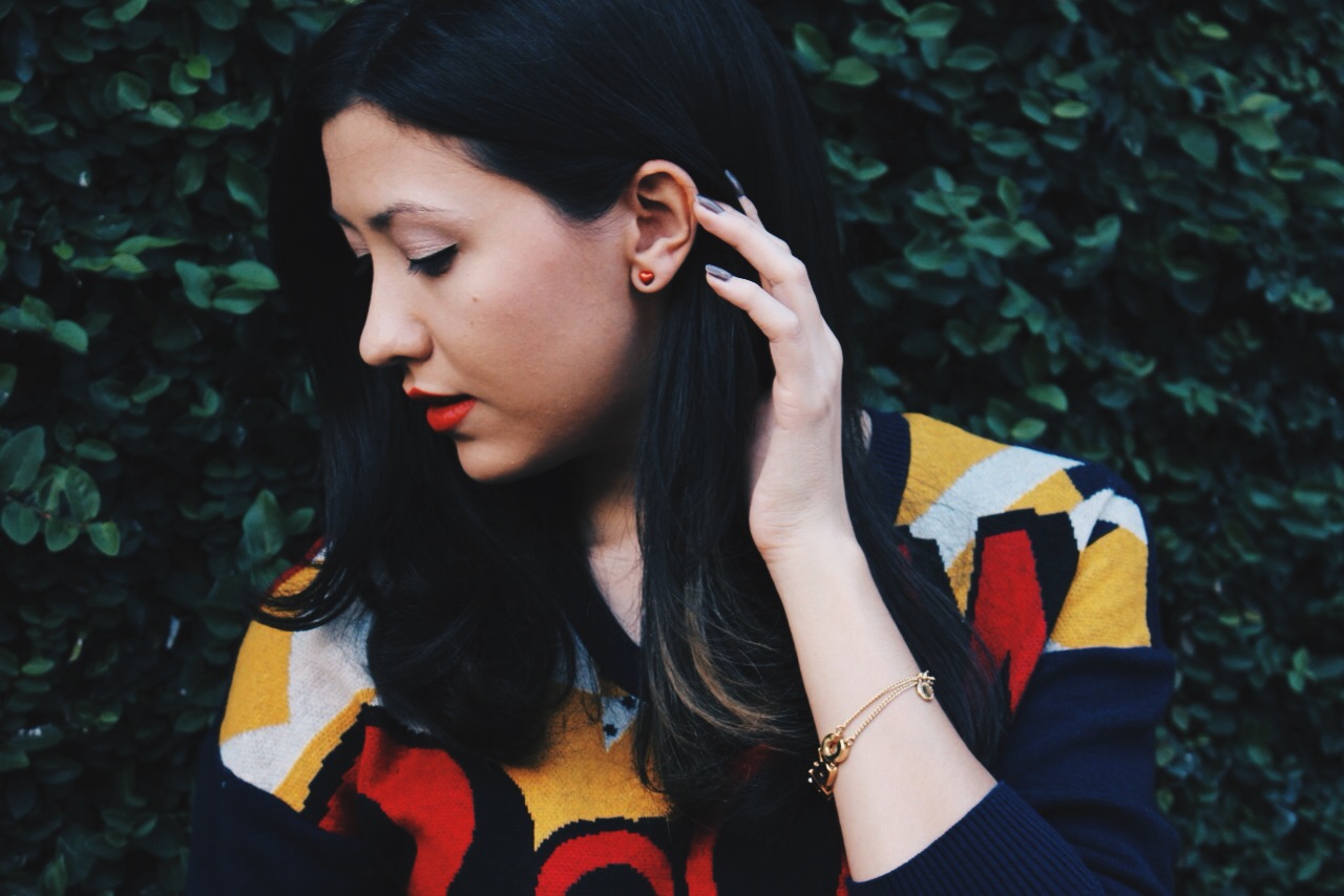For my jewelry, I chose Betsey Johnson heart studs to highlight the red in the sweater and a Marc by Marc Jacobs gold charm bracelet with "MARC" spelled out in gold charms.