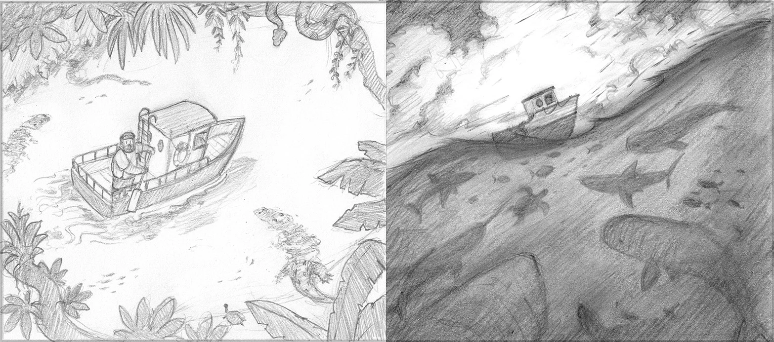 Pencil sketches laid out as a single spread for the final book.