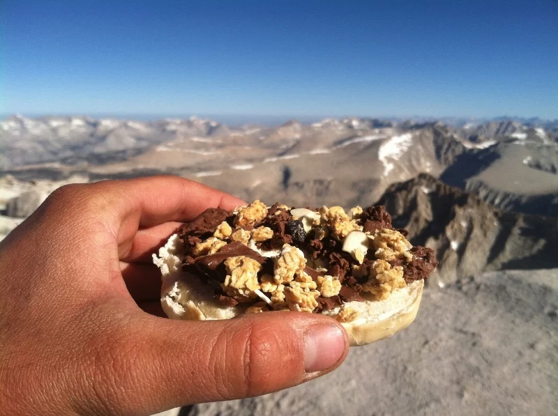 Bagel with nutella, granola and trail mix. At the Top of Mount Whitney. Submitted by Micah.