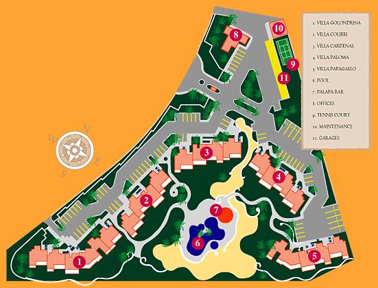 Map of Las Gardenias Condominium. Casa Corridor is located in Villa Paloma, building 4.