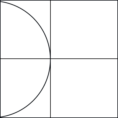 Geometric drawing of an outline square with sections divided by vertical, horizontal, and half circle lines.