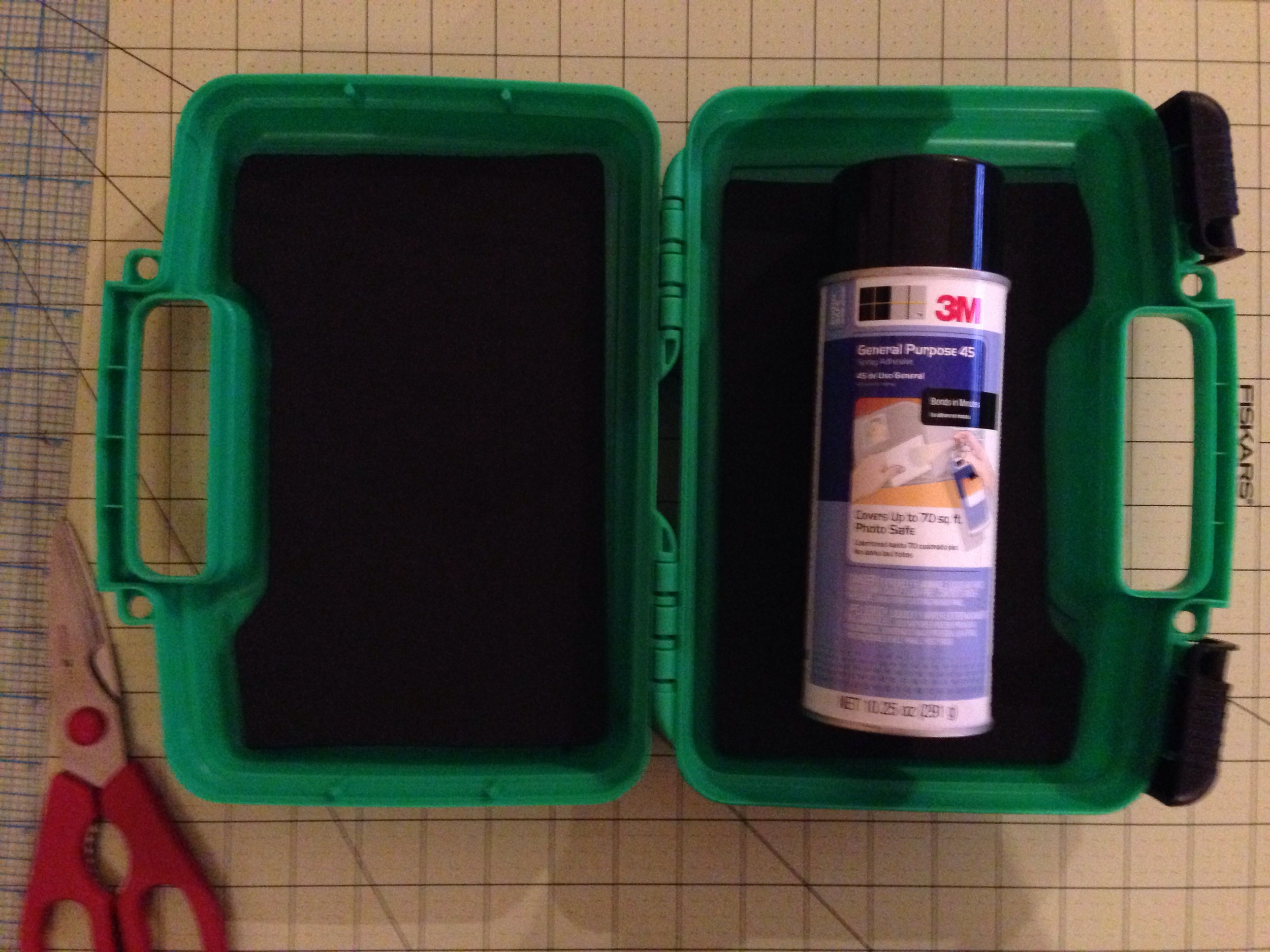 Be sure to have your spray adhesive the same temperature as your foam to eliminate your foam curling. Spray all the way to the edges and place in the appropriate side. 