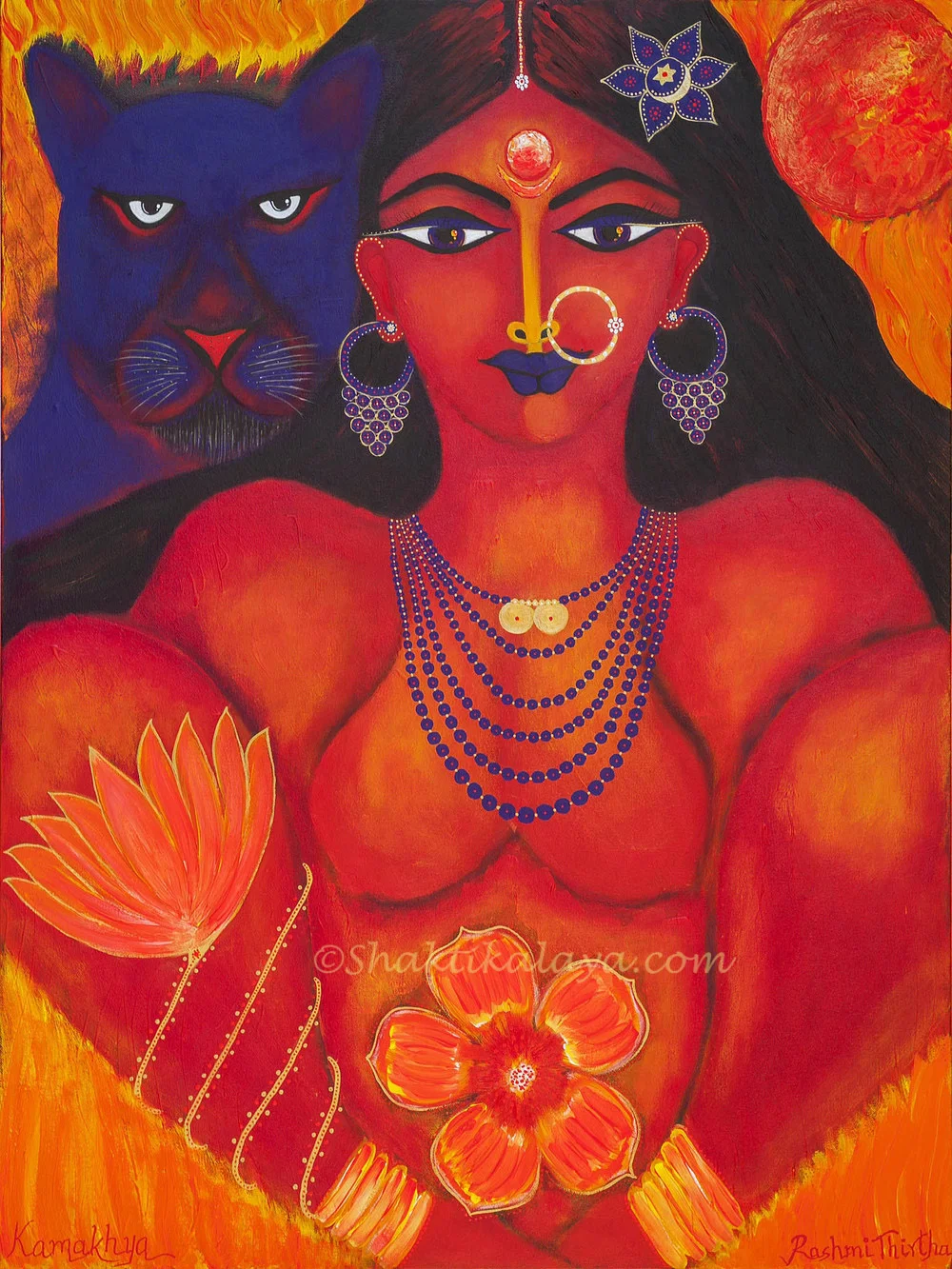 Kamakhya - Acrylic on Canvas - 30"x40"x1.5" Dana : Point of Entry - $2222 Goddess Kamakhya - A Celebration of Love "araala kesheshu prakriti-saralaa mandahasite shireeshaabaa chitte drishadiva kathoraa kuchatate; bhrisham tanvee madhye prithu-rapi varaaroha-vishaye jagat-traatum shambor-jayati karuna kaachid-arunaa." ||93|| - Saudaryalahiri* ( * Waves of beauty-Written and composed by the 8th century Indian Mystic Adi Shankaracharya) Translation: Thus for the welfare of the worlds abides in all Her glory Arunaa(Kameshvari), the Shakti of Shiva (Shambhu) - the very embodiment of graciousness - with her locks all curly, her smile naturally artless, her heart soft like shireesha-flower, her breasts tight and hard like a grinding stone, her waist extremely slender and her hips and breasts generous in size. Kamakhya* is the healing form of the Divine Feminine who appeared on this sacred portal through my I Am Presence/Higher Self as I meditated on bringing in healing vibrations within and without the Womb of Creation . (The underlayers have images of the ovaries and the uterus with healing intentions and prayers). This one is dedicated to All who create and nurture life within and without on this planet. May she heal and bless this ever alive Womb of Creative Consciousness. *Kamakhya is a Shakti Peetha in India. As per the legend of Shiva and Sati, Sati's yoni fell here.Later on it was formed into a temple for the Sacred Feminine.