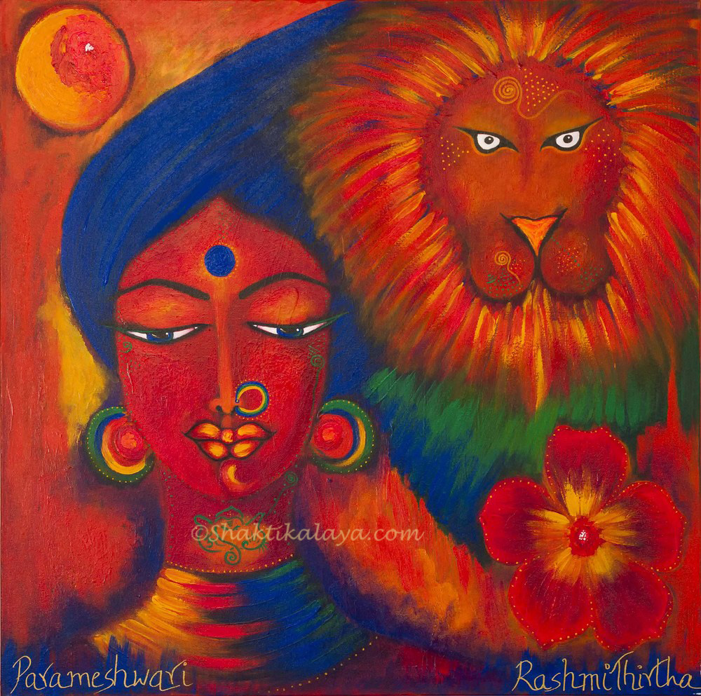 Parameshwari - Acrylic on Canvas - 36"x36"x1.5" Dana : Point of Entry - $2222 Parameshwari means ‘the One beyond the Known and Unknown’. (Para - Beyond, Param-Supreme/All knowing, Isha-Ruler/Master/One, Vara-the best).She flowed through me as a sacred healing for the anchoring of the Solar (Feminine) Consciousness during the summer solstice of June 2015. The lion is an energy form that anchors in the solar energy on our planet. They are sacred beings from Sirius who are here to anchor in the Solar Consciousness as the planet integrates and harmonizes the energies of the third and fifth dimensions of consciousness. (This is also my tribute to Cecil the lion who awakened and brought awareness and healing to this consciousness as he transitioned on July 1 2015). ‘ Aygiri nandini nandita medini vishva vinodhini nandinute Girivara vindhya shirodhi nivaasini vishnu vilasini jishnunute Bhagavati he shiti kantha kutumbini bhuri kutumbini bhurikrte Jaya jaya he mahishasura mardini ramya kapardini shailasute’. ||1|| - Mahishasura Mardini Translation: O Shakti, you are the victory over victory. You are the primordial creative power bursting with the energy that manifested this entire Creation. This Universe with its millions of galaxies containing billions of suns and moons is Your form only. You are the divine light that pervades all space and dwells in the inner recesses of every Soul. You are beyond space and time, beyond name and form, beyond even truth, yet take form in time and space for the the Union of me with Me. ( *A hymn written and composed by the 8th century Indian Mystic Adi Shankaracharya in essence of the creative principle of Shiva-Shakti.)