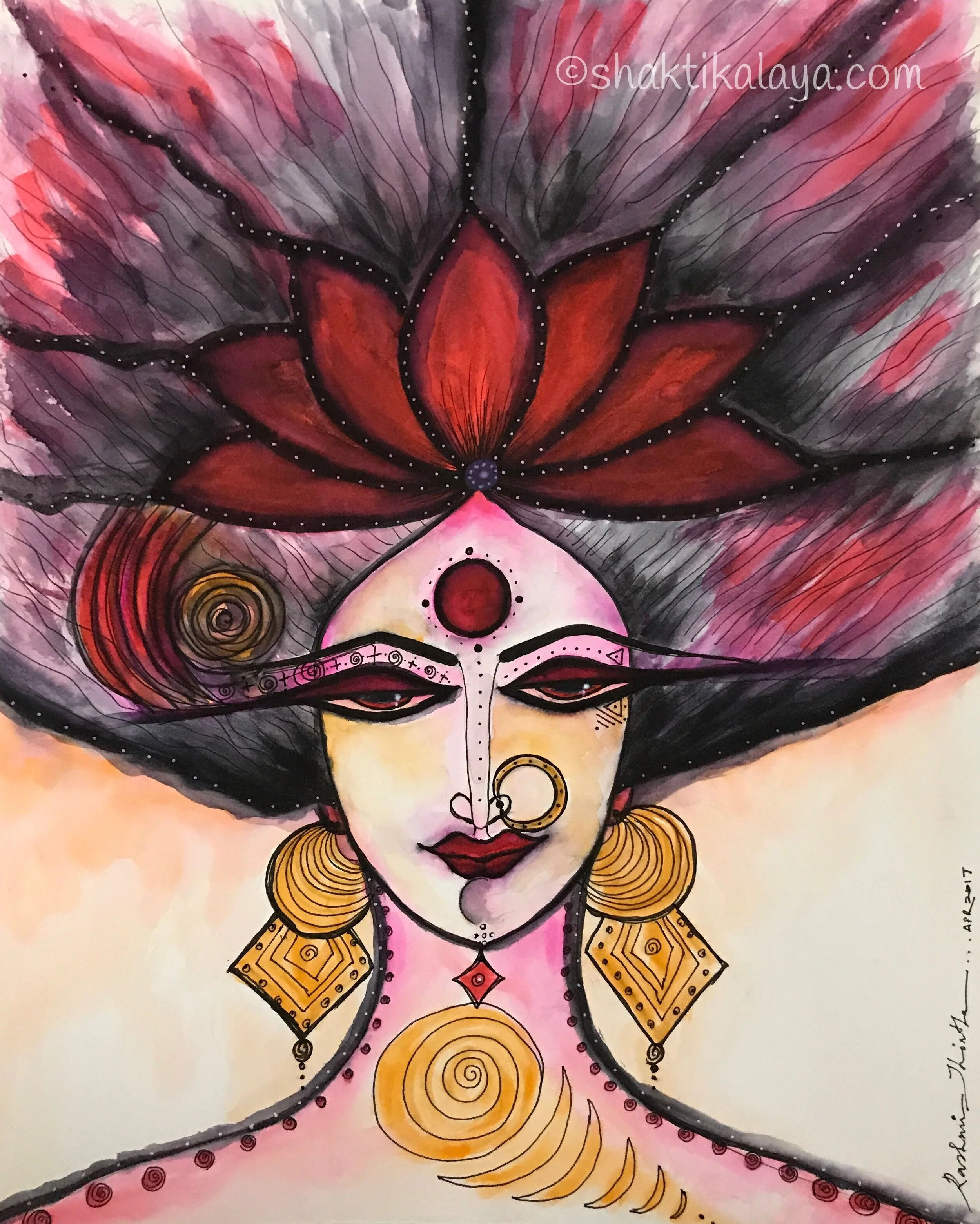 Dashamahavidya 3 - Lalita Tripura Sundari Ink and Watercolor on Mixed Media Paper - 11"x14" Lalita Tripura Sundari (the charming beauty of the three worlds) Dear One, Tripura is the ultimate, primordial Shakti, the light of manifestation. She, the pile of letters of the alphabet, gave birth to the three worlds. At dissolution, She is the abode of all tattvas, still remaining Herself'. - Vamakeshvaratantra (an ancient Indian Scripture) Ya Devi sarva bhuteshu Chetanety-Abhidiyate; Namastasye Namastasye Namastasye Namo Namaha - Devi Suktam O Mother Divine! (You) are manifest in all Beings as the very Consciousness; in You and in All around you Salutations and adorations to that Infinite Consciousness.