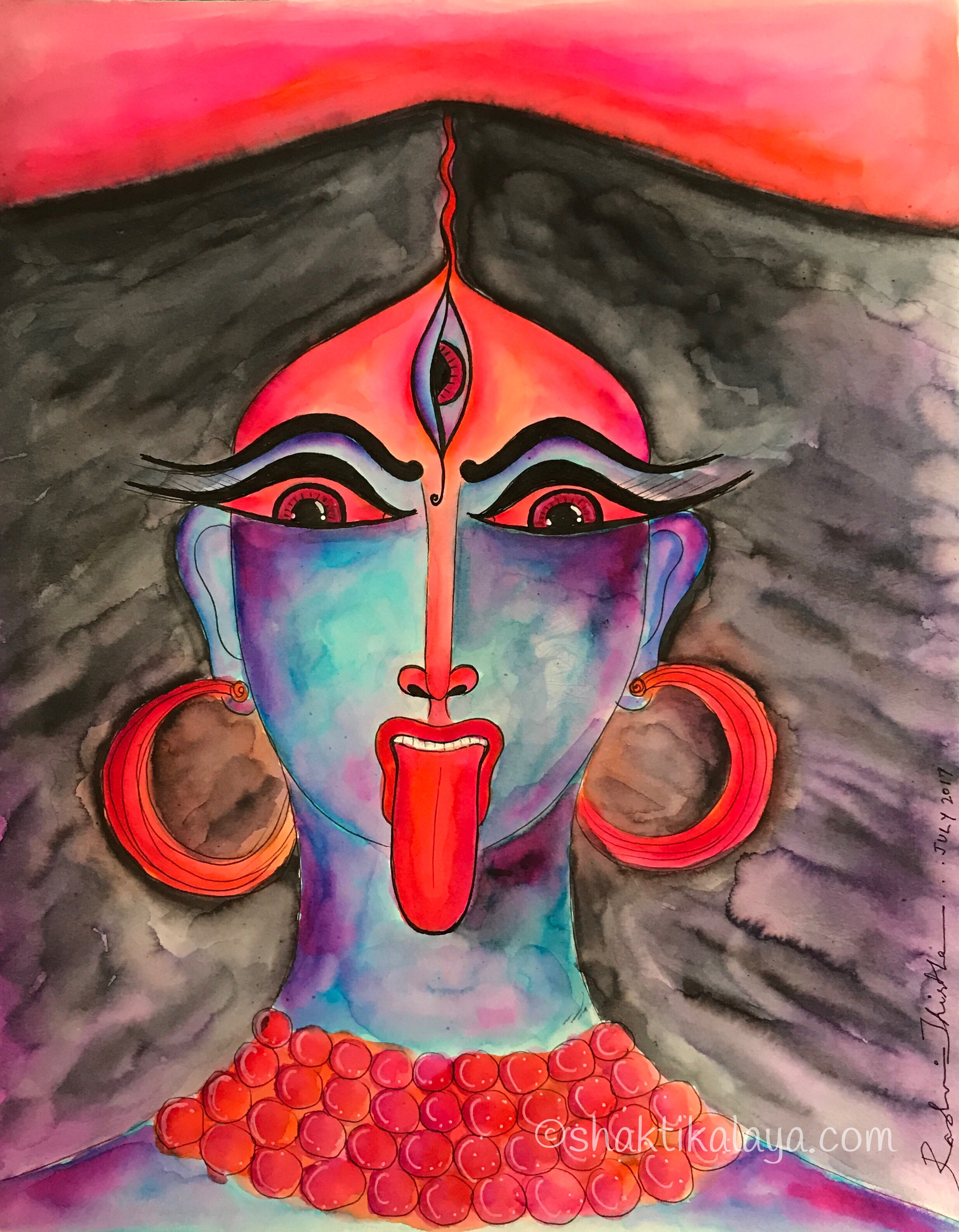 Dashamahavidya 5 - Bhairavi Ink and Watercolor on Mixed Media Paper - 11"x14" Taam-agni-varnaam tapasaa jwalanteem vairochaneem karma-phaleshu jushtaam | Durgaam devee(ga)m saranam-ahma prapadye sutaras tarase namah ||2|| Durga Sukta - Mahanarayana Upanishad She who has the color of Fire, effulgent with the power of Tapas blazing, the one who is desired in the fruits of all actions, I take refuge in her, the Goddess Durga. Reverence to the wonderful savioress for our deliverance ||2|| Durga Sukta - Mahanarayana Upanishad