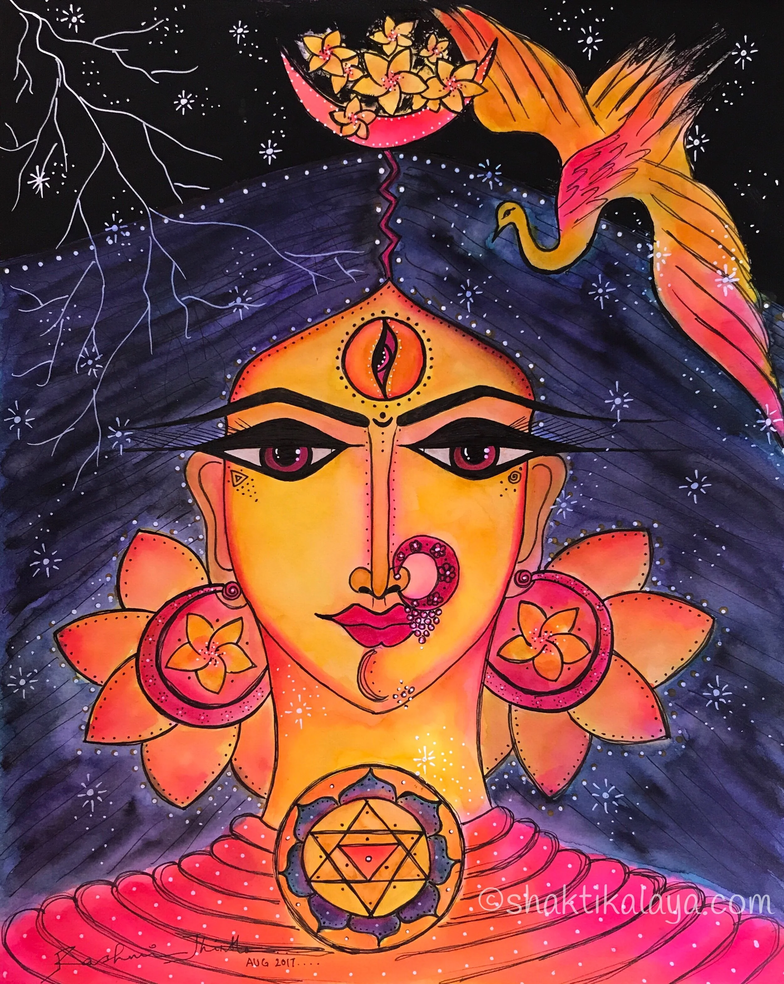 Dashamahavidya 8 - Bagalamukhi Ink and Watercolor on Mixed Media Paper - 11"x14" Bagalamukhi : The Blessing of Stillness in the Storm Oh Goddess Bagala! Your Presence as the Cosmic Golden Womb Has the power to instantly Awaken Stillness in each Atom of the Microcosm and Macrocosm. ( The above is my Transliteration / Understanding of the original verse from Uma Sahasram as below) पिण्डे चाण्डे स्तम्भनशक्तिर्बगला मात्रस्तव महिमैकः सर्वे व्यक्ताः किरणाः कमला बाह्यो महिमा भुवनाम्ब तव ||३८. १७|| - Ganapati Muni, Uma Sahasram piṇḍe cāṇḍe stambhanaśaktirbagalā mātrastava mahimaikaḥ | sarve vyaktāḥ kiraṇāḥ kamalā bāhyo mahimā bhuvanāmba tava ॥ 38.17॥ - Ganapati Muni, Uma Sahasram Sharing Her Story / legend as a Blessing to still the storms that arise within and without as we sail through life According to the legend once upon a time during Satyug, a giant storm threatened to disrupt cosmic order.The storm was destroying everything and everyone and there was no one on earth who could stop that. Seeing this shattering storm worried Lord Vishnu reached Lord Shiva for help. Lord Shiva told Him to worship Goddess Shakti as only she can stop the destructive storm. Lord Vishnu went to the “Haridra Samudra” (the ocean of turmeric) and prayed to the Divine Mother. Mother manifested in the form of Bagalamukhi and stilled all the storms in the Universe.