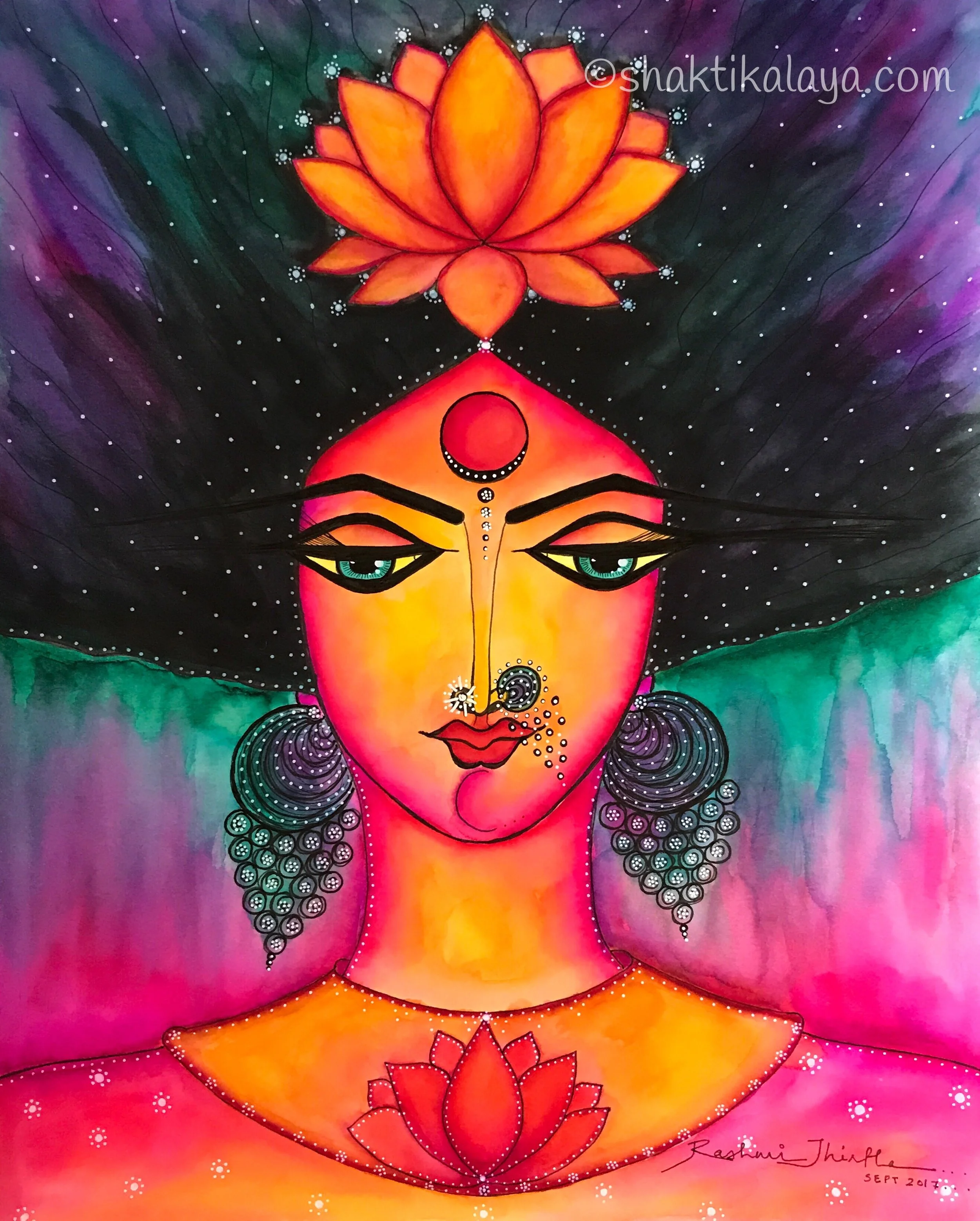 Dashamahavidya 10 - Kamalatmika Ink and Watercolor on Mixed Media Paper - 11"x14" Goddess Kamalatmika - The Fully Awakened Consciousness of Joy and Abundance I sing praises of Kamala, Whose essence is supreme consciousness And whose body is formed of golden light. Her entire being sparkles with the radiance of pure gold. She bears the golden lotus And the golden vessel filled with seeds Seated at the left side of Narayana, She is Shakti, mother of all creation’. ||1|| - Sri Mahalakshmi Hridayam* ( *The Sacred Heart of goddess Lakshmi - A hymn in essence of the radiating Presence of goddess Lakshmi / Kamala )