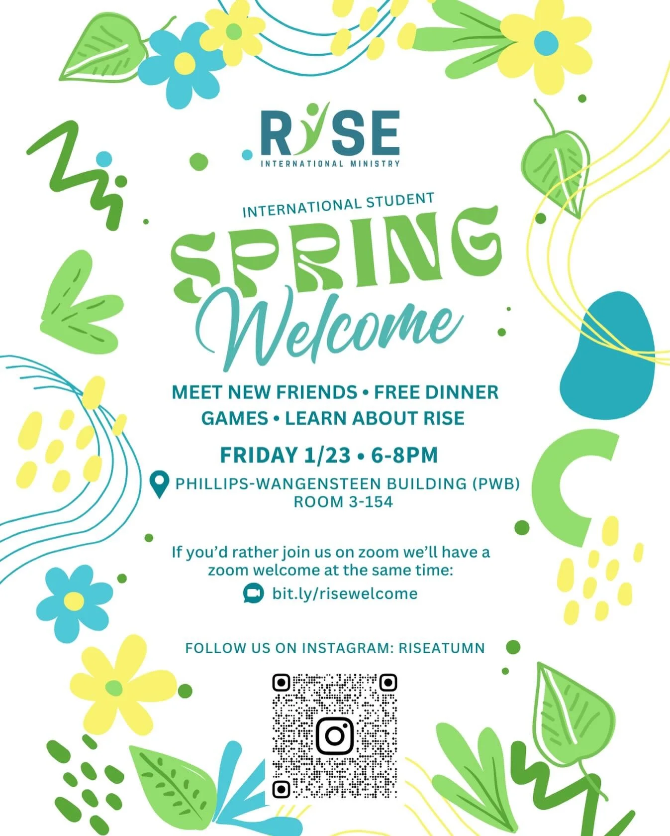 Hi everyone! 🎉 Welcome back to a new semester! 📚✨
RISE will be hosting our Spring Welcome THIS FRIDAY 🌸
🕕 Time: 6:00 PM
📍 Location: PWB 3-154

Feel free to invite your friends! 🤗
There will be a warm, delicious dinner 🍲, a chance to meet new f