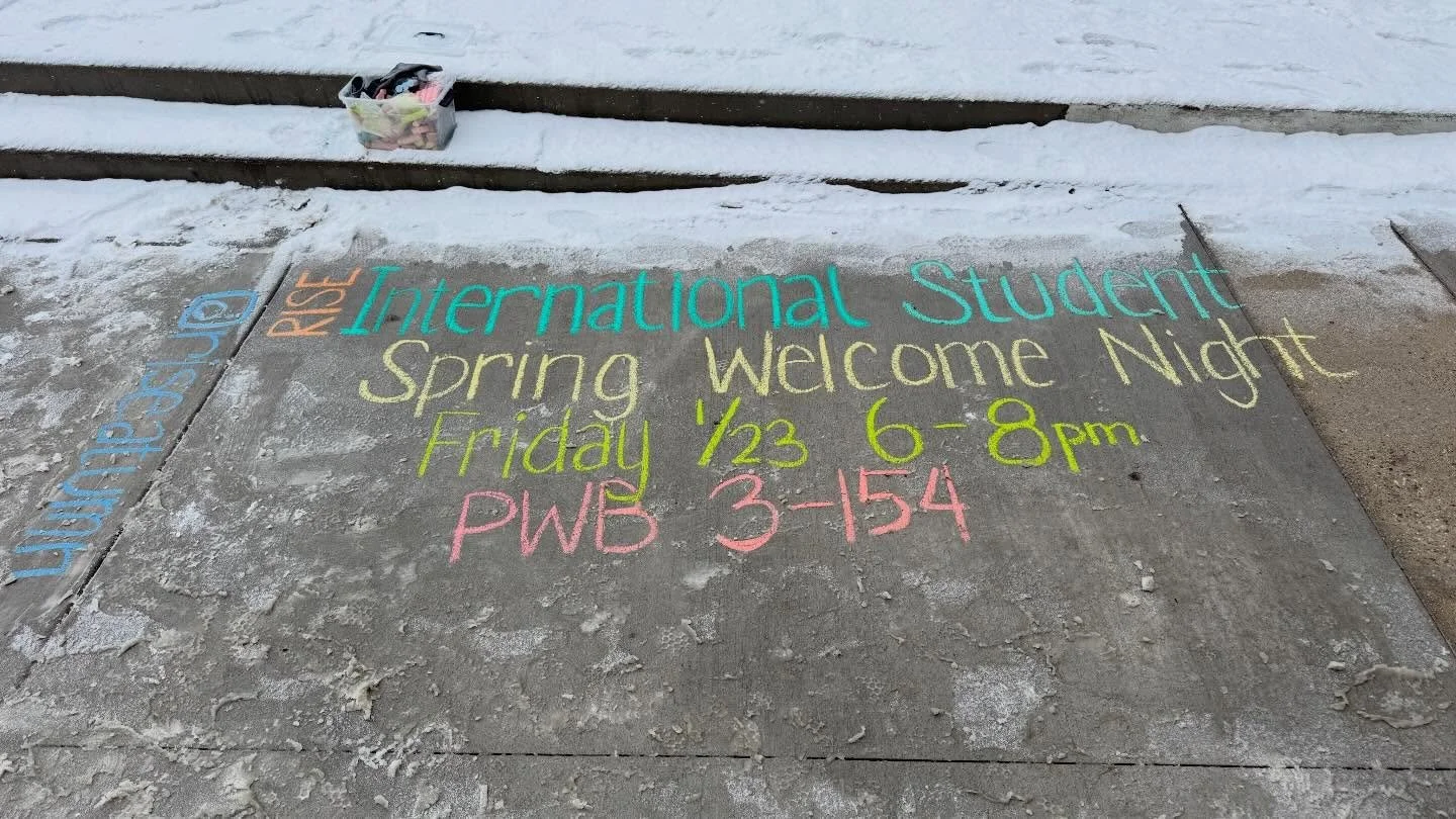 😅🖍️ We tried to chalk in front of Coffman today&hellip; but the ground was so wet and it was freezing out there 🥶
So this is the best chalk masterpiece we could manage 😂

🎉 Still, we&rsquo;d LOVE for you to join us for
RISE Spring Welcome Night 