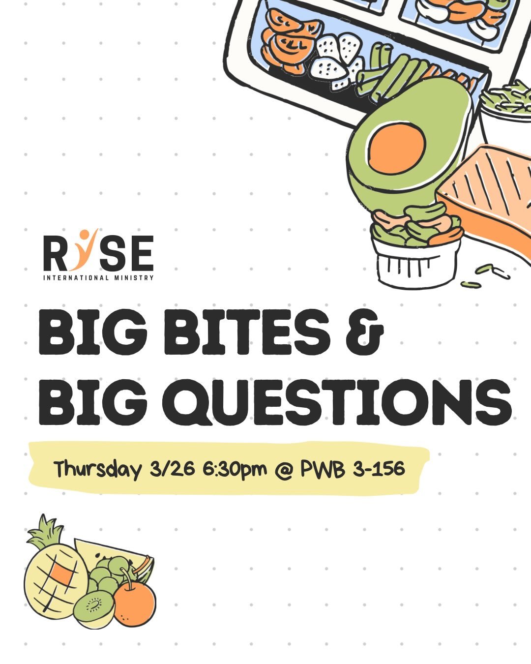 🍽️ BIG BITES &amp; BIG QUESTIONS 🤔✨

Looking for a night with great food, real conversations, and meaningful questions? Come join us TOMORROW!

📍 PWB 3-156
🗓 Thursday 3/26
⏰ 6:30 PM

We&rsquo;ll have delicious food AND a chance to dive into some 
