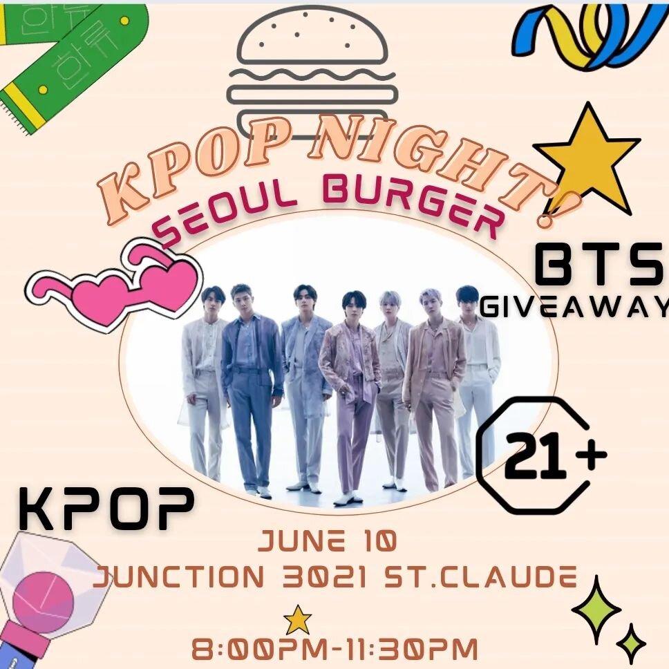 💜✨KPOP NIGHT✨💜
Join us June 10th from 8pm-11:30pm!
We're going to be celebrating the launch of💜 #BTS 💜music video premiere of &quot;Yet to Come&quot; with our new 🇰🇷🍔Seoul Burger(premiering June 8th ), and BTS swag giveaway!
We're going to be 