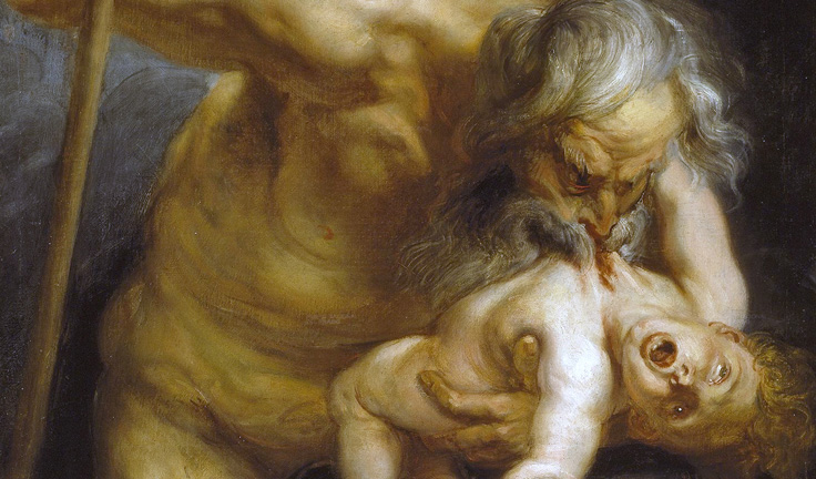 Cronus eating his children as they are born, displeased with the foreknowledge they will overthrow him.