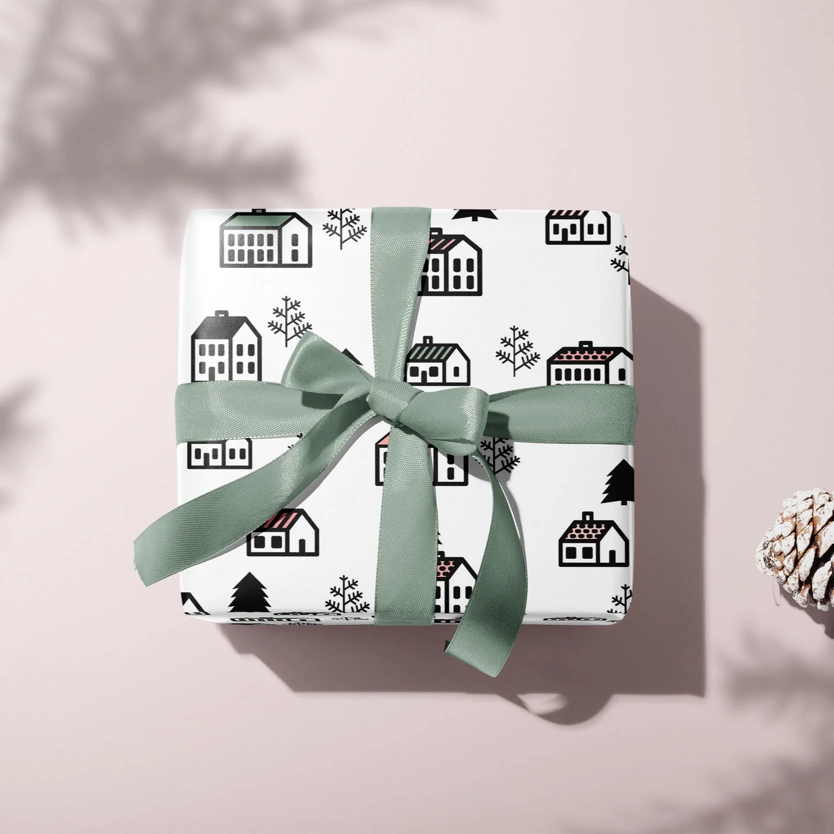 WHITE+XMAS+HOUSES+%3A+GREEN+RIBBON+%3A+PINK+BACKGROUND+Gift+Box+Wrapping+Paper+white+houses.jpg