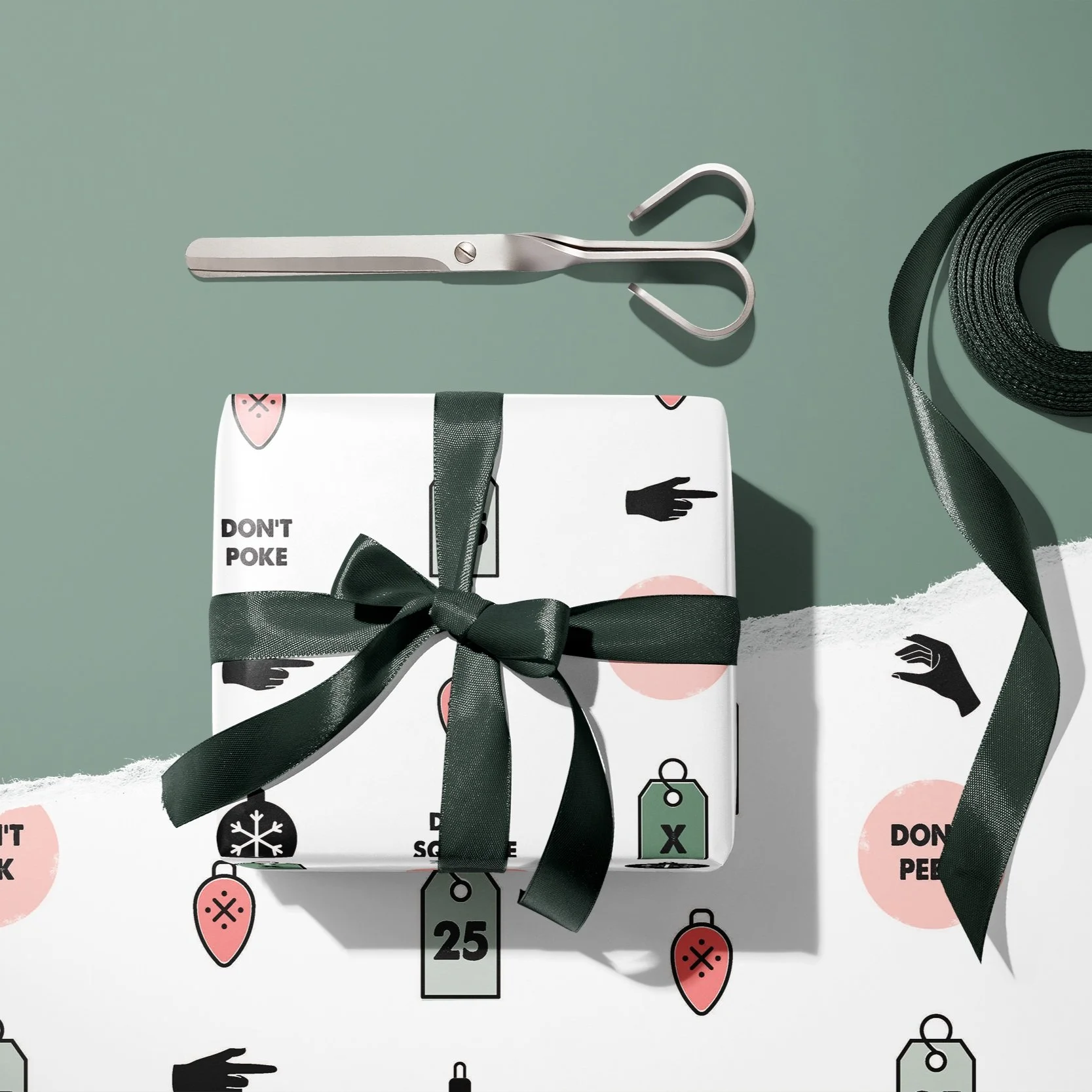 DONT+PEEK+%3A+GREEN+BACKGROUND+FLAT+LAY+Gift+Box+Wrapping+Paper+Mockup+by+Creatsy+party+animal.jpg