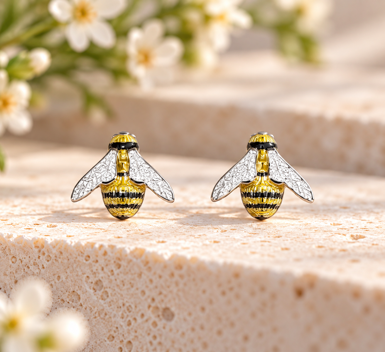 Sterling Silver & Enamel Bumblebee Stud Earrings