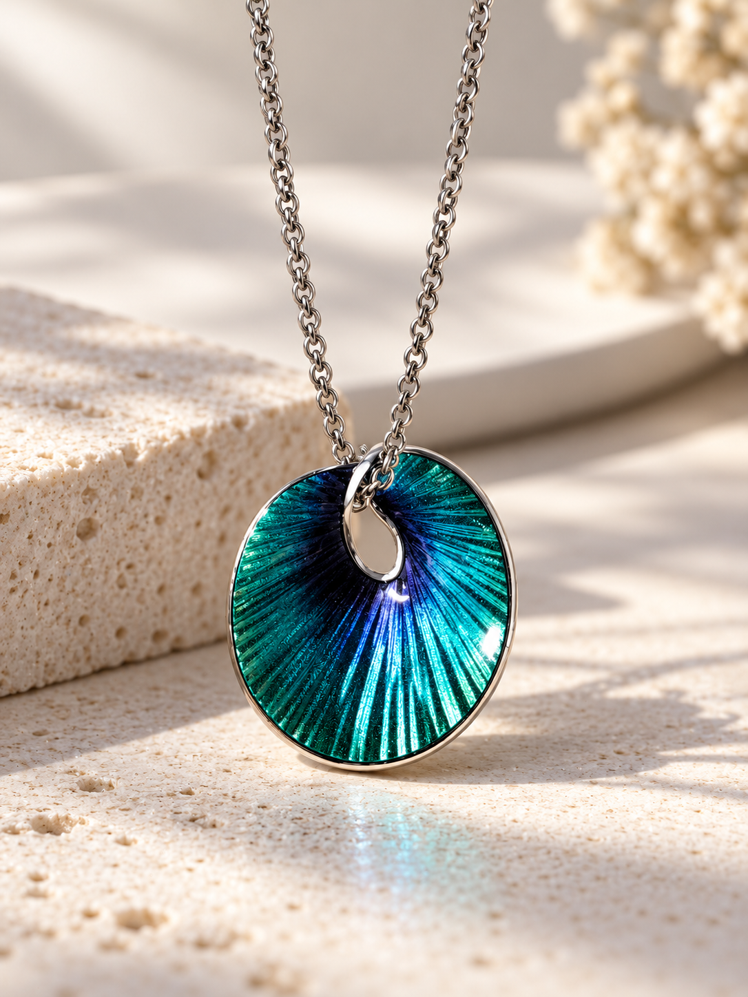 Sterling silver necklace with blue and green enamel.