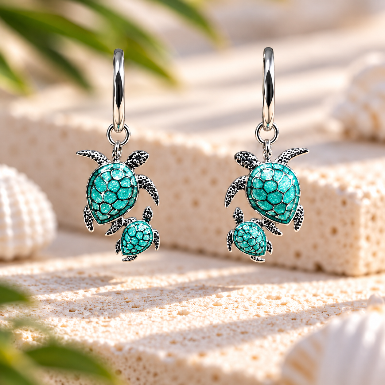 Sterling Silver Turquoise Enamel Mother & Baby Turtle Earrings