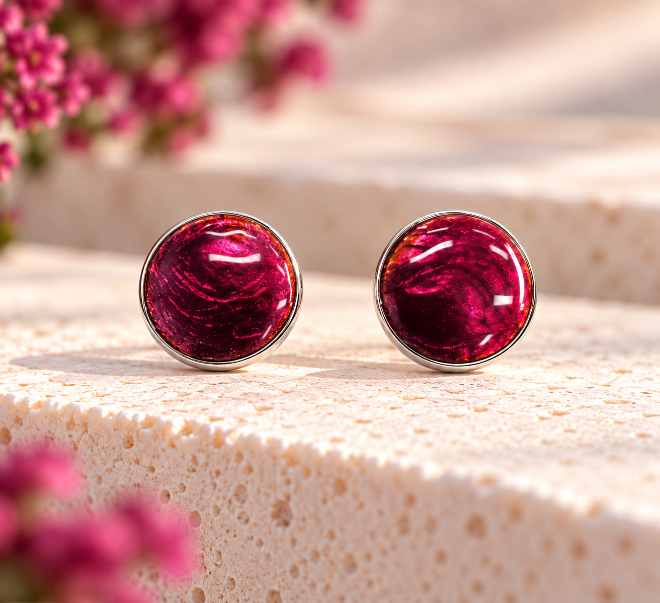 Sterling Silver Pink Enamel Round Stud Earrings