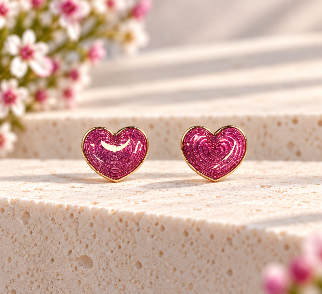 Sterling Silver Pink Enamel Heart Stud Earrings