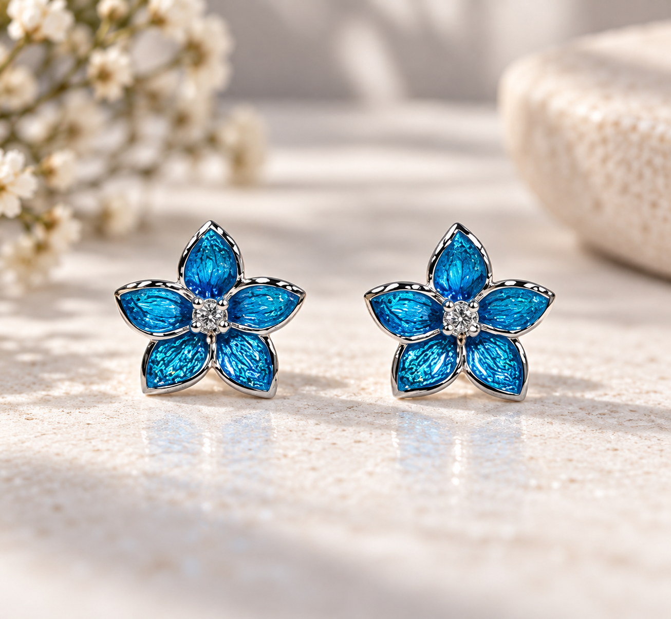 Sterling Silver Blue Enamel Flower Stud Earrings