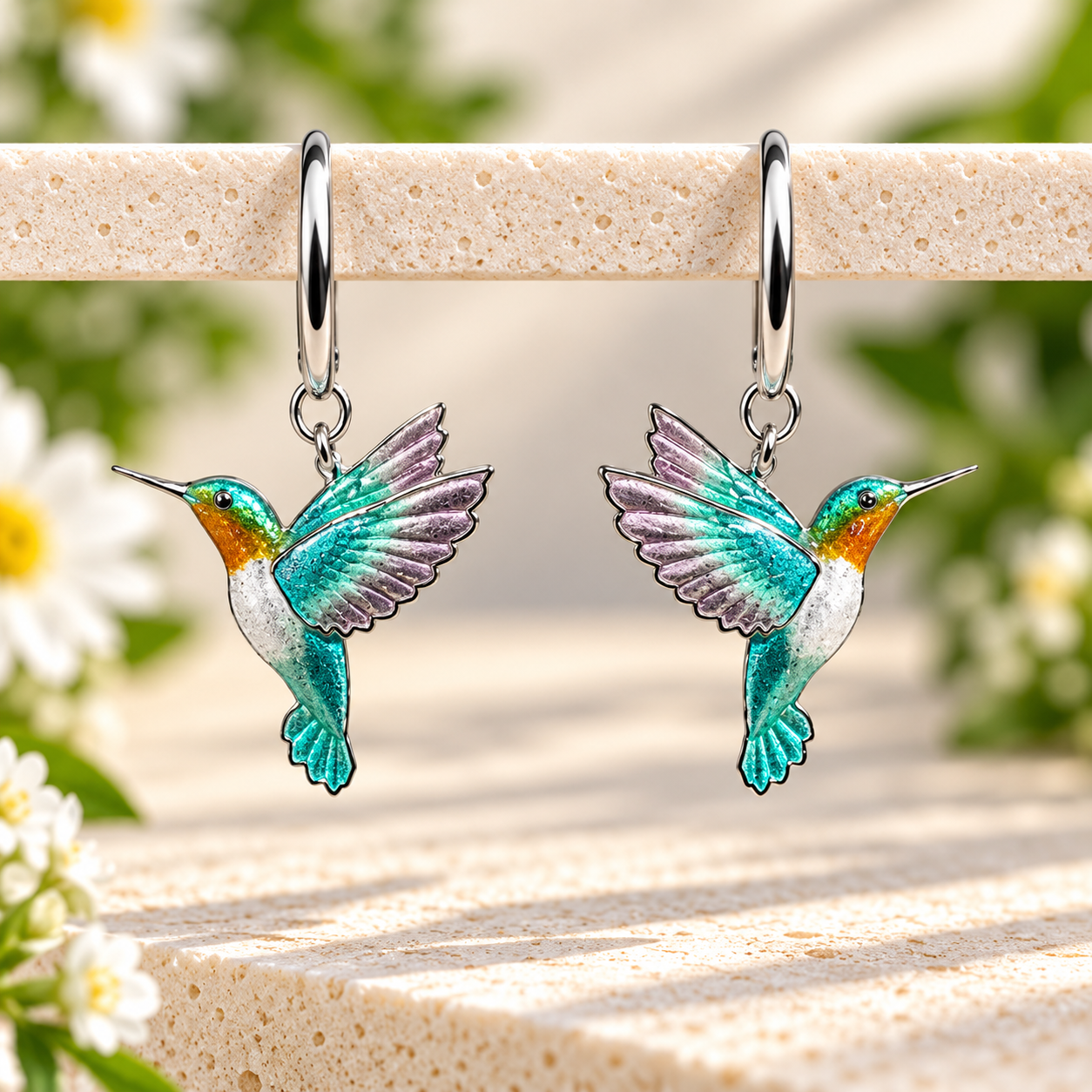 Sterling Silver Enamel Hummingbird Drop Earrings