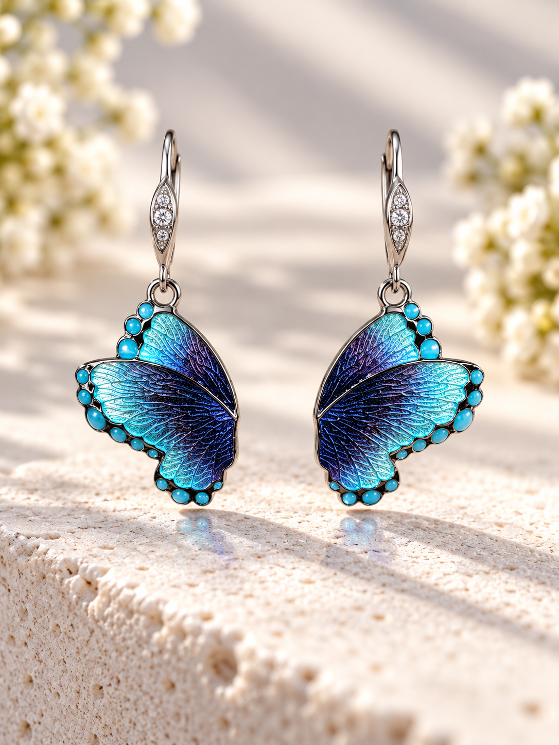 Blue Enamel Butterfly Wing Sterling Silver Drop Earrings