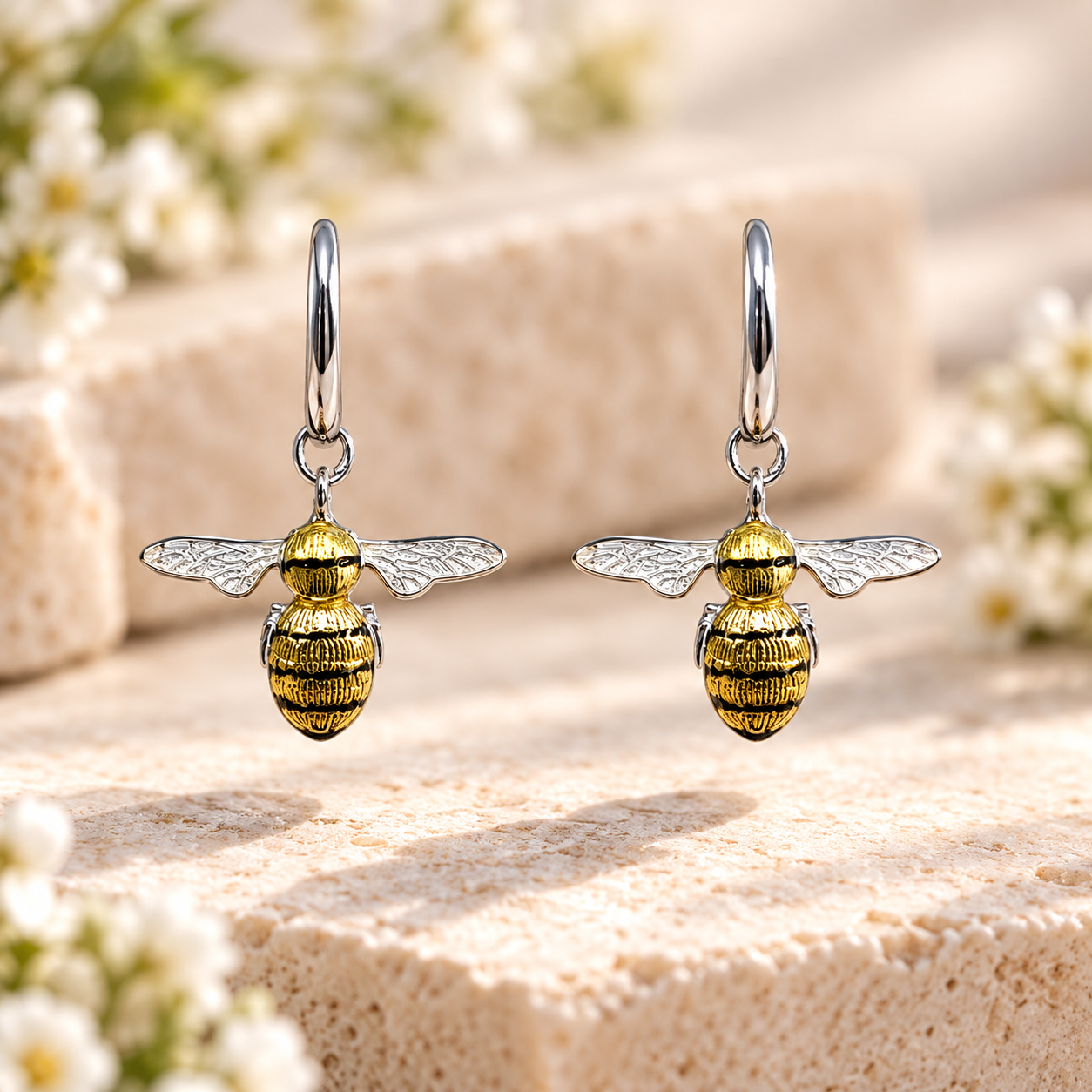 Sterling Silver Enamel Bee Drop Earrings