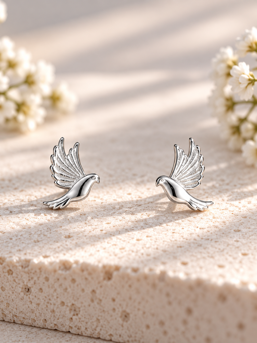 Sterling Silver Enamel Flying Dove Stud Earrings