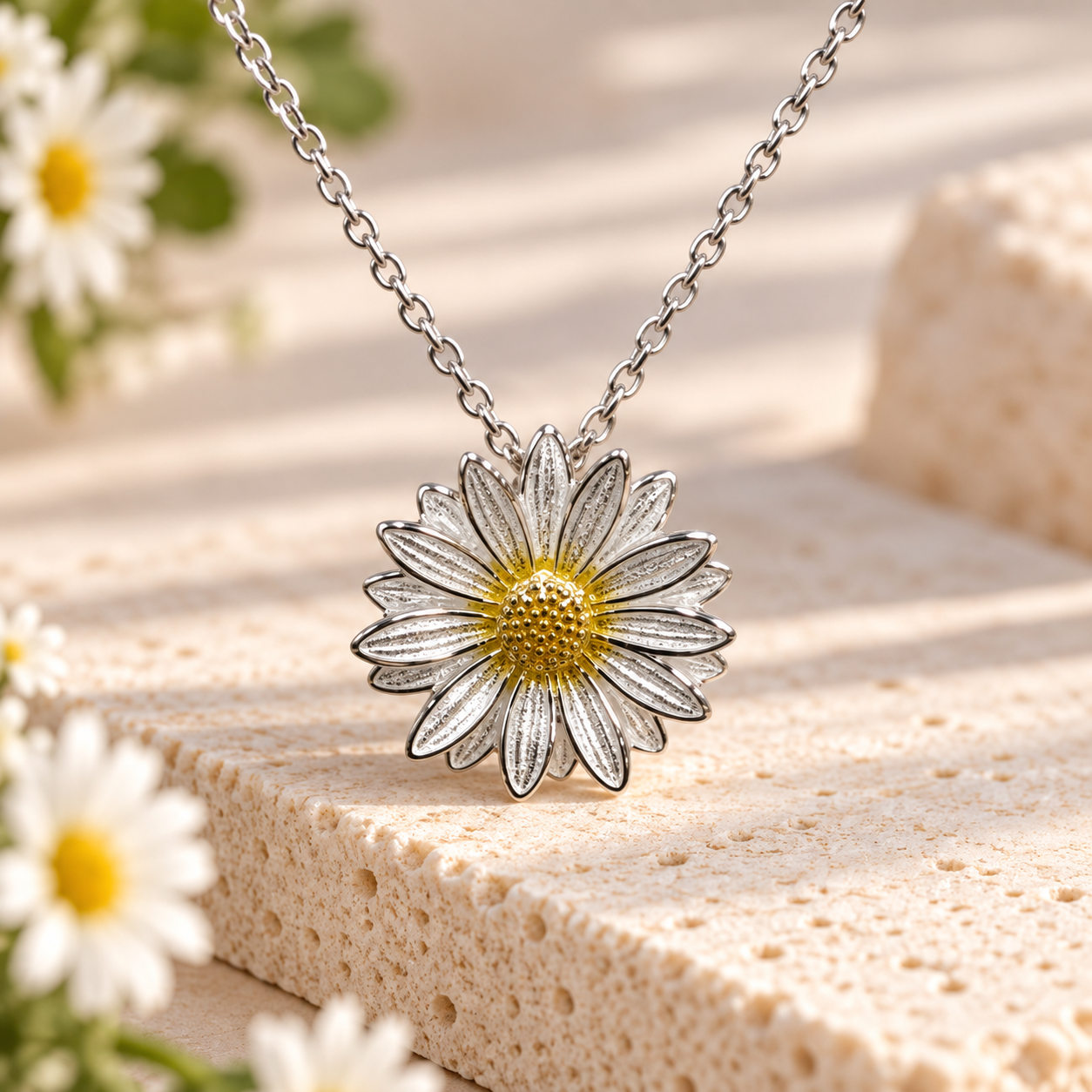 White Daisy Enamel Pendant – Sterling Silver