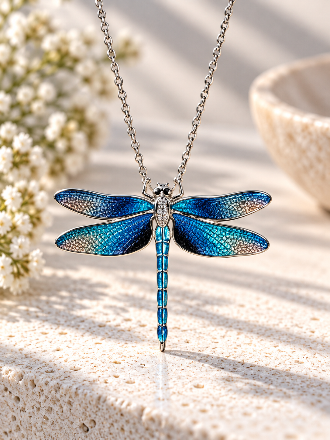 Sterling Silver Blue Enamel Dragonfly Pendant