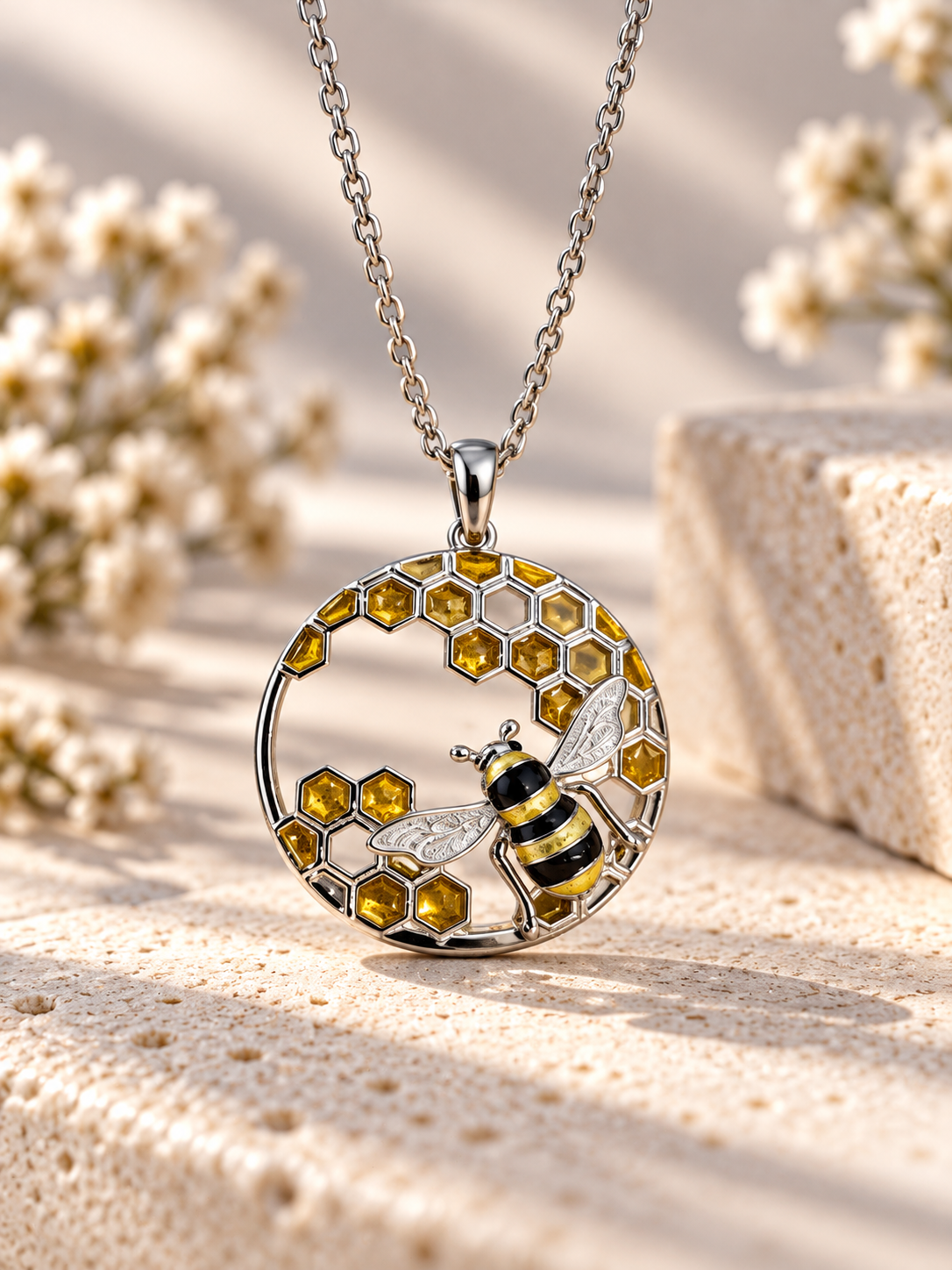 Sterling Silver Enamel Bee & Honeycomb Pendant