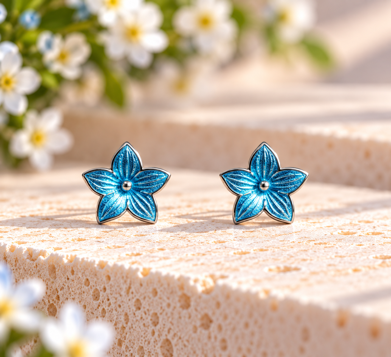 Sterling Silver Blue Enamel Flower Stud Earrings