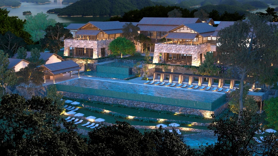 1000 lakes resort - china - 2012 Nestled on the top of heavily wooded hills 280 metres above 1000 Island Lake, the Anantara Resort site offers an amazing opportunity for the resort to melt into the beauty of the natural environment that embraces the site. The proposed design cradles the central facilities of the resort in a natural valley within the site and tumbles the form of this building and the swimming pools down the valley, with room blocks and villas spreading out to either side of the valley.