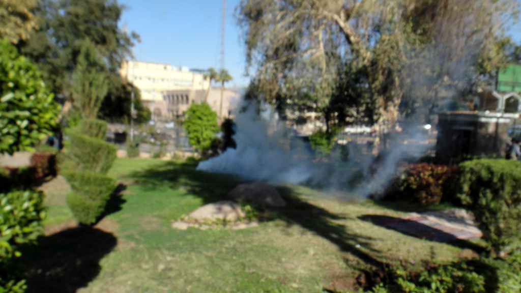 A blurry picture of tear gas. I would apologize for the blurriness but, you know, tear gas.