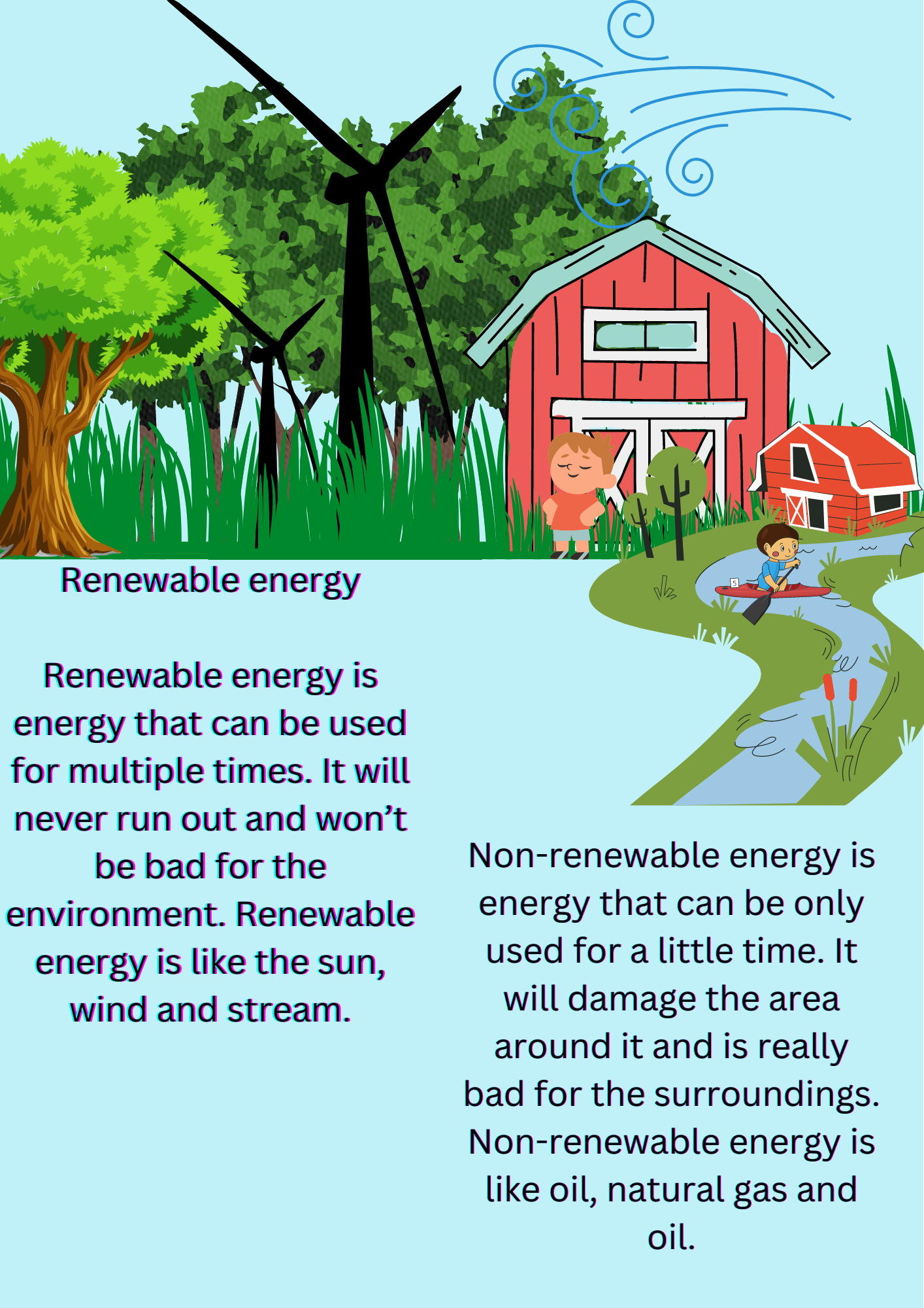 Renewable energy Renewable energy is energy that can be used for multiple times. It will never run out and won’t be bad for the environment. Renewable energy is like the sun, wind and stream..png