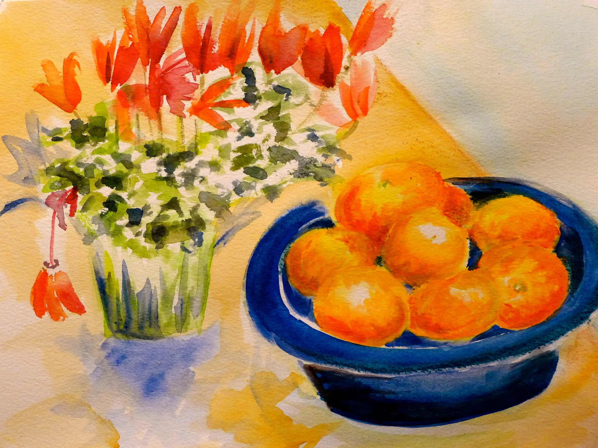 Tangerines with Flowers, 9"x12" watercolor