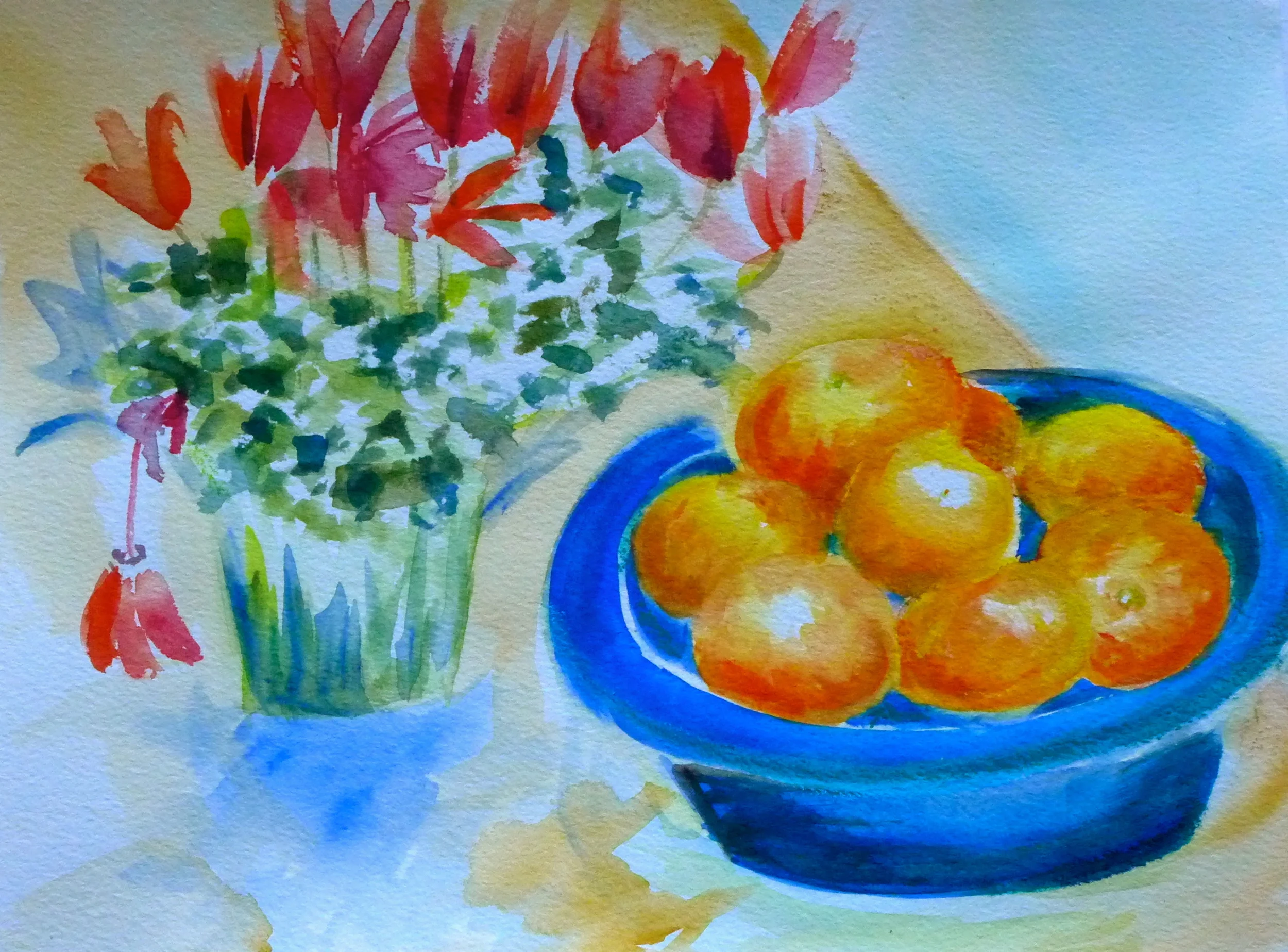 Allisson's Red Flowers and Clementines, 10"x14" watercolor