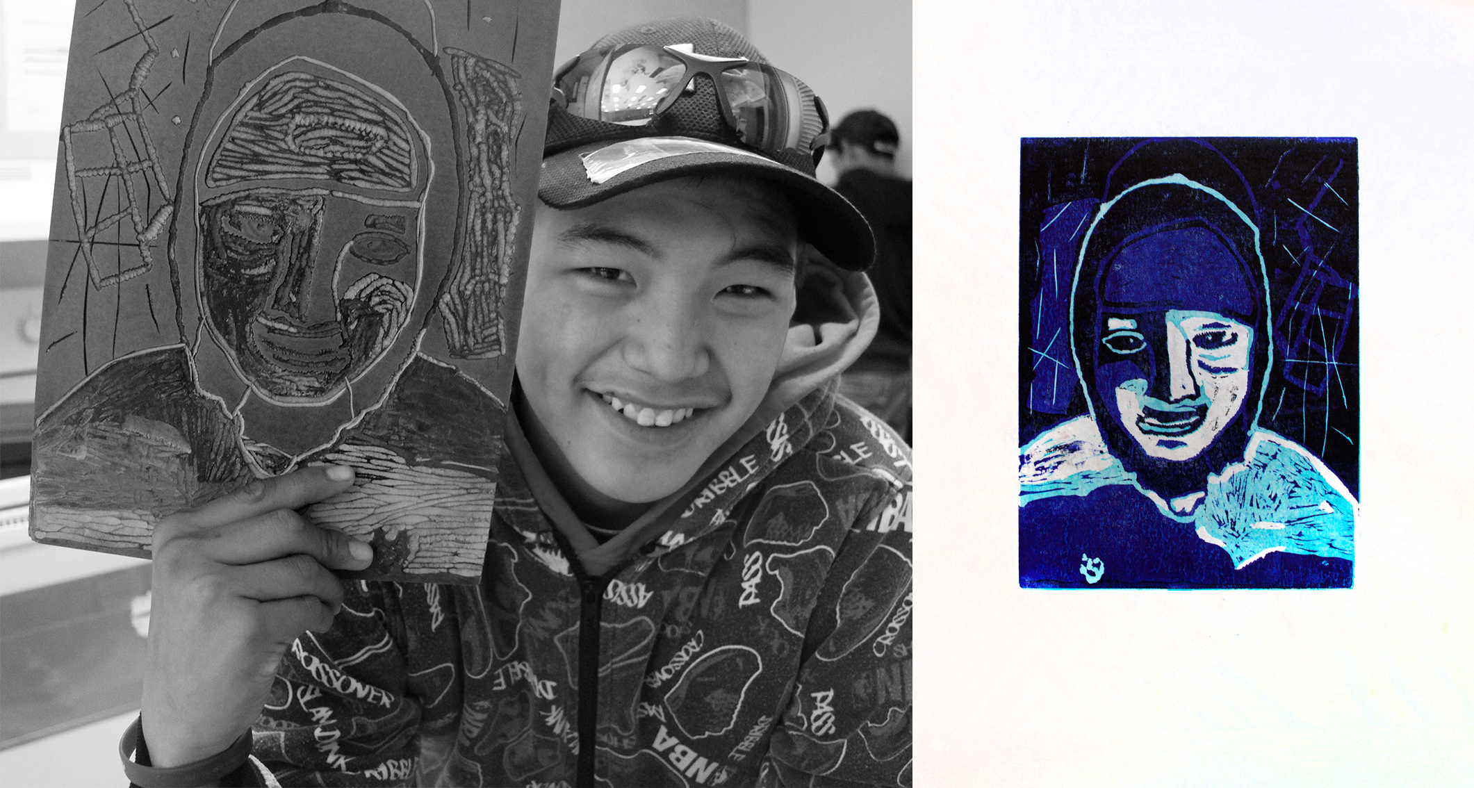 Harry Josephie won third prize across Canada for the Aboriginal Arts and Stories Contest for his three-layer linocut self-portrait!