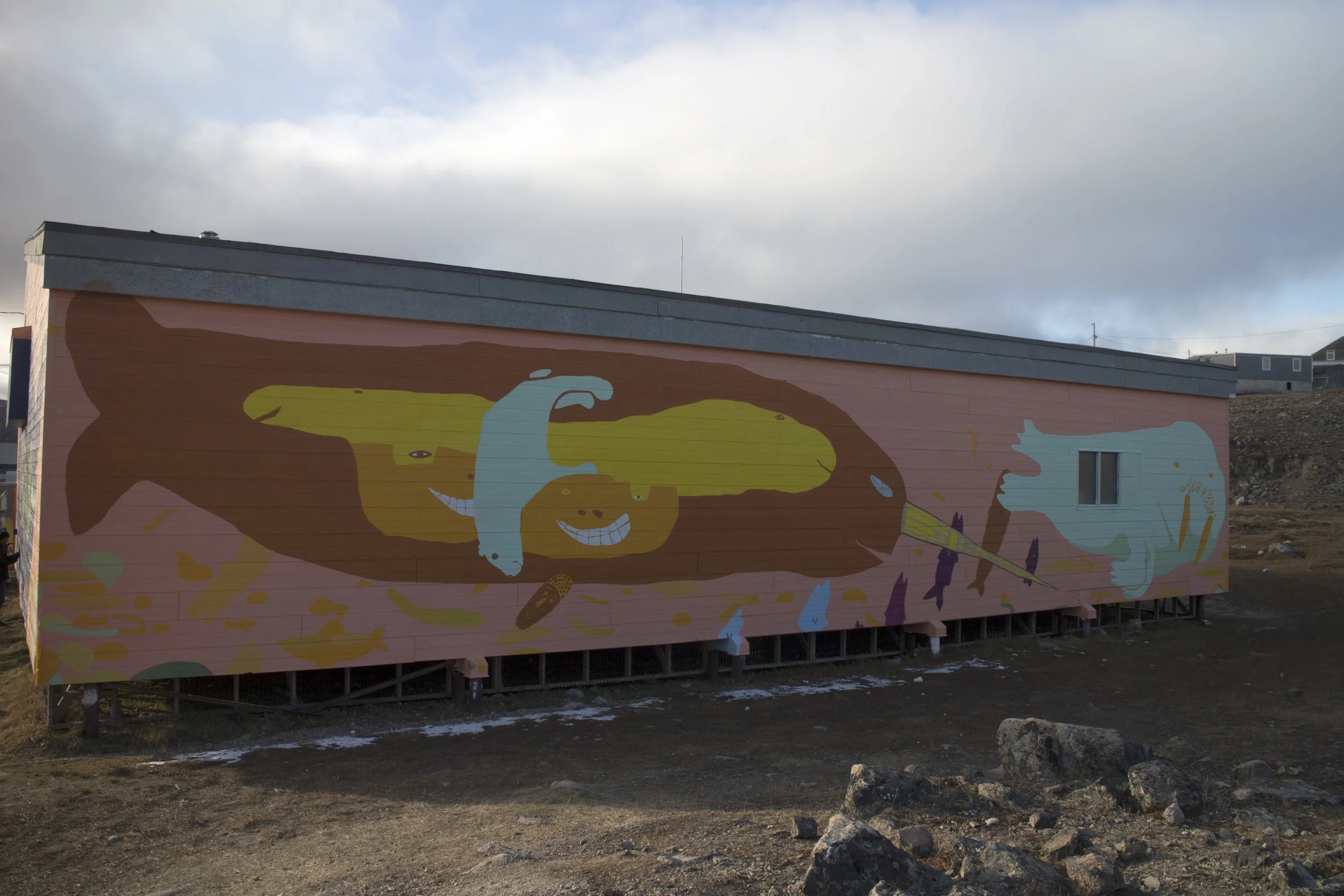 Left to right: Drawing by Johnny Samayualie, Moe Kelly and Iqaluk Quvianaqtuliaq.
