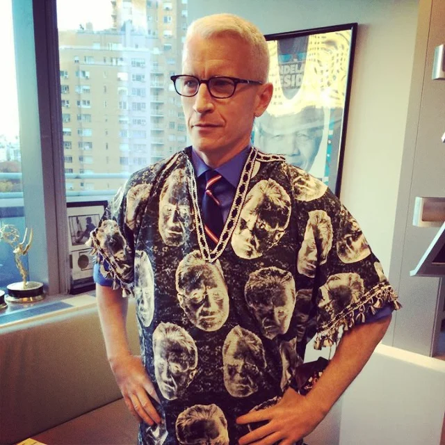 Anderson Cooper wearing custom End Boss tunic created by Naomi. Acrylic screen print on cotton. 2013