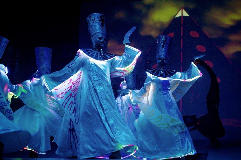 Scarabel dancers sporting lit costumes during BROS' Electric Pharaoh, 2014.