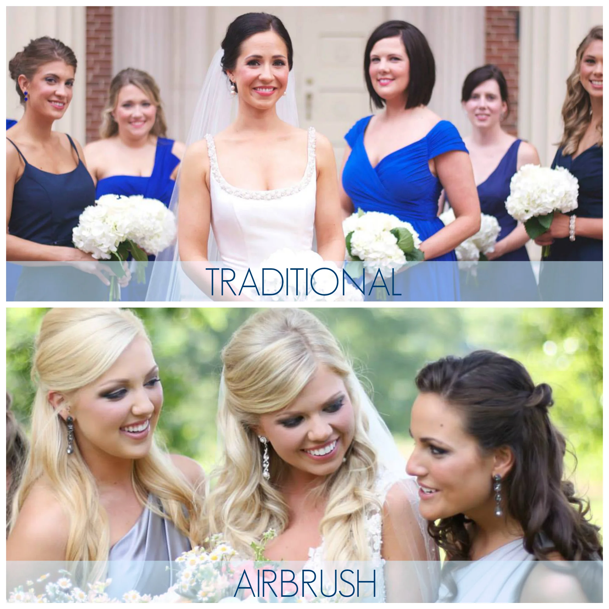 Example 2: Shows the difference between traditional makeup and airbrush makeup after 4 hours of wear. Both achieving a full flawless coverage. (Top: Ali Elizabeth Photography | Bottom: Shauna Veasey Photography)