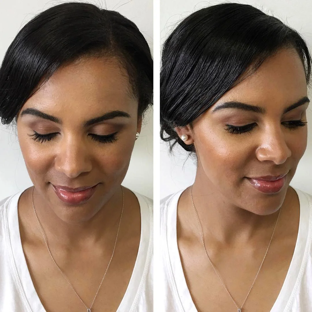 Side-by-side comparison of a woman's face before and after hair styling, showing a neat, side-parted, sleek black hairstyle, with the woman wearing earrings, makeup, and a white top.