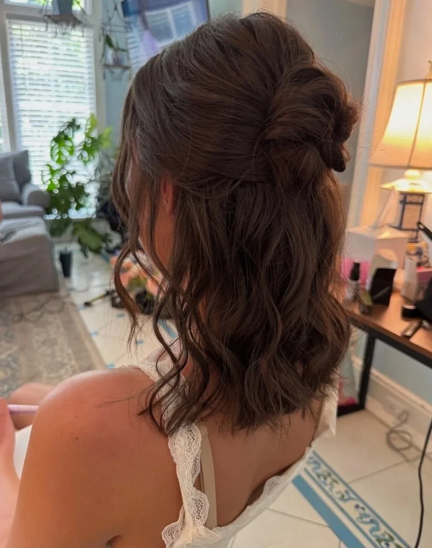bride with fine brown hair wearing a half-up hairstyle