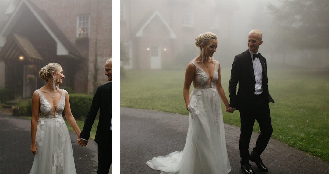 bride and groom walking outside of a mountain cottage holding hands