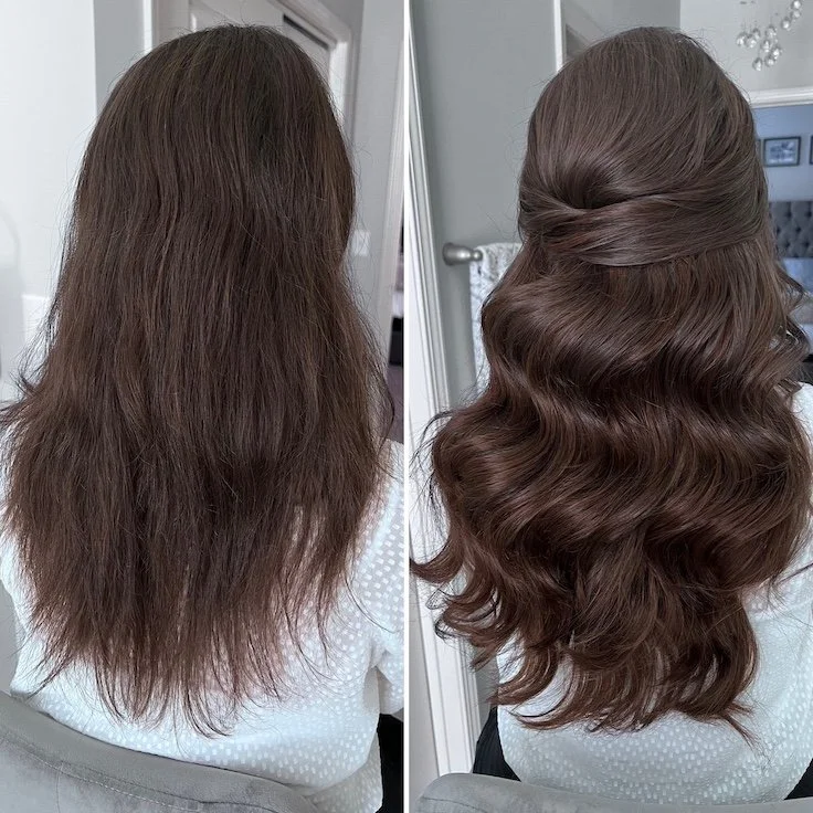 a bridal hair trial showing a before and after with clip in extensions