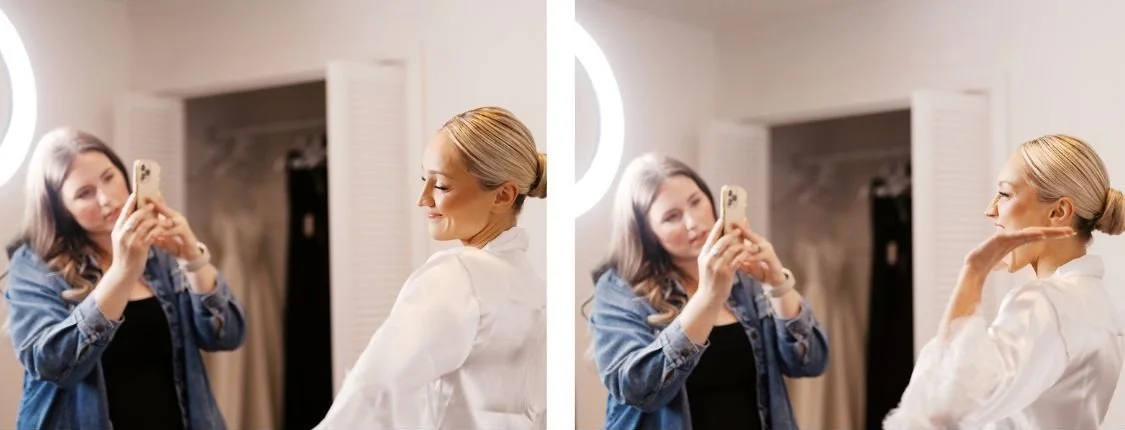 makeup artist holding a phone and taking a picture of a bride in her white robe with her hair and makeup done