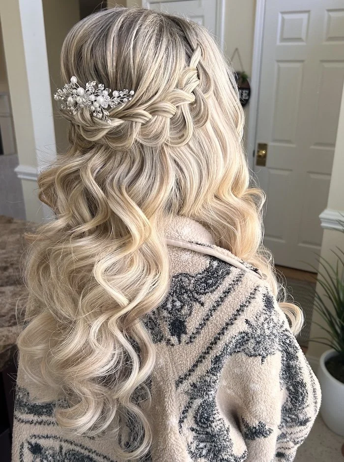 blonde hair bride with clip in extensions and a half up hairstyle